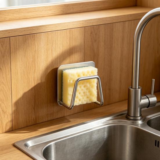 Sponge Rack Rustproof Stainless Steel Sponge Holder with Strong Adhesive No Punch Quick Drain Organizer for Kitchen Sink
