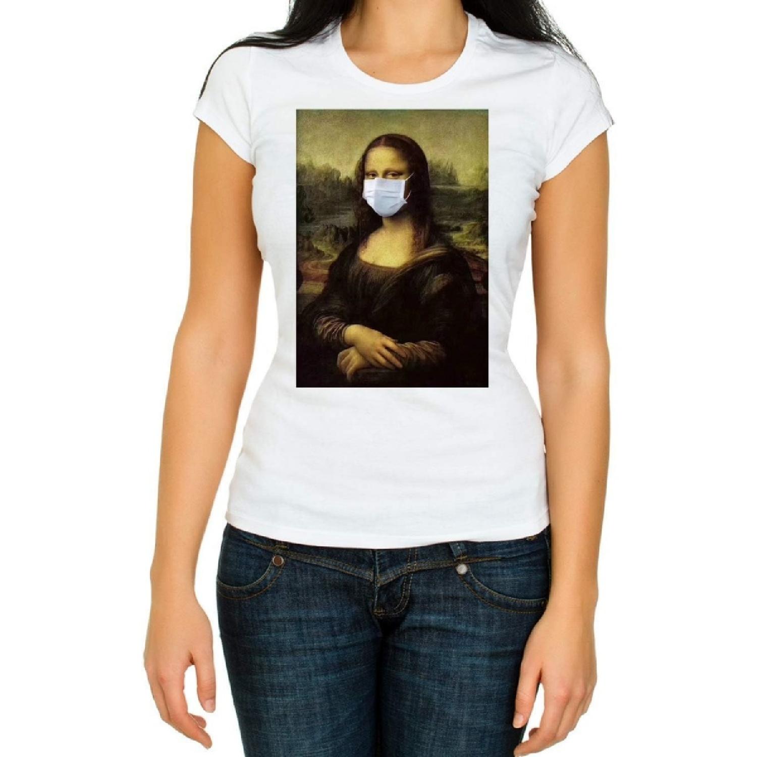Stay Safe Message Mona Lisa Funny, Humor t Shirts White Women s 3_4 Short Sleeve T-Shirt S