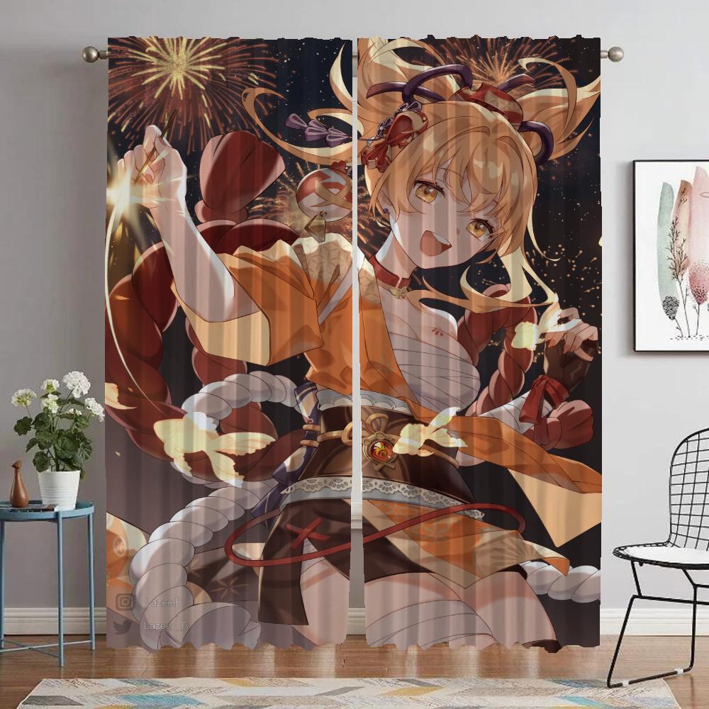 Genshin Impact Curtains for Living Room Curtain Home Interior Curtains 2 Pieces Shades Halloween Decoration Partition Kitchen