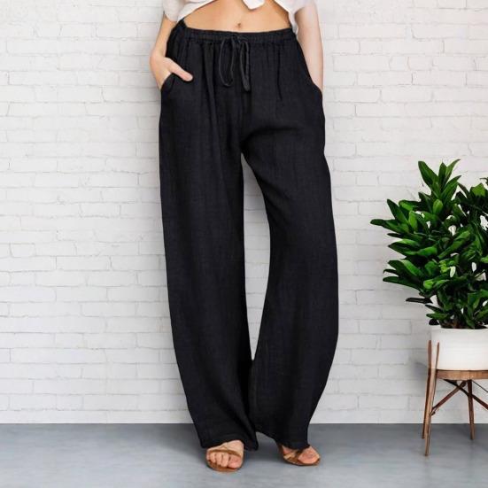 Women Harem Pants Elastic Waist Adjustable Drawstring Wide Leg Trousers with Pockets Solid Color Casual Lounge Pants