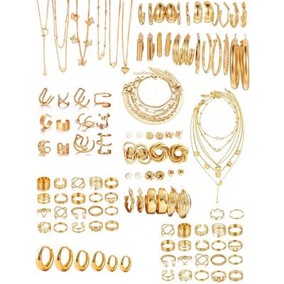38-68 Pcs Simple Elegant Vintage Jewelry Set Butterfly Heart Pearl Rhinestone C-Shape Earrings,Necklace, Ring, Bracelet Set Gift