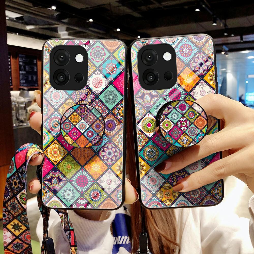 For OnePlus 13T 5G Case Kickstand Ethnic Pattern Tempered Glass Phone Cover with Strap