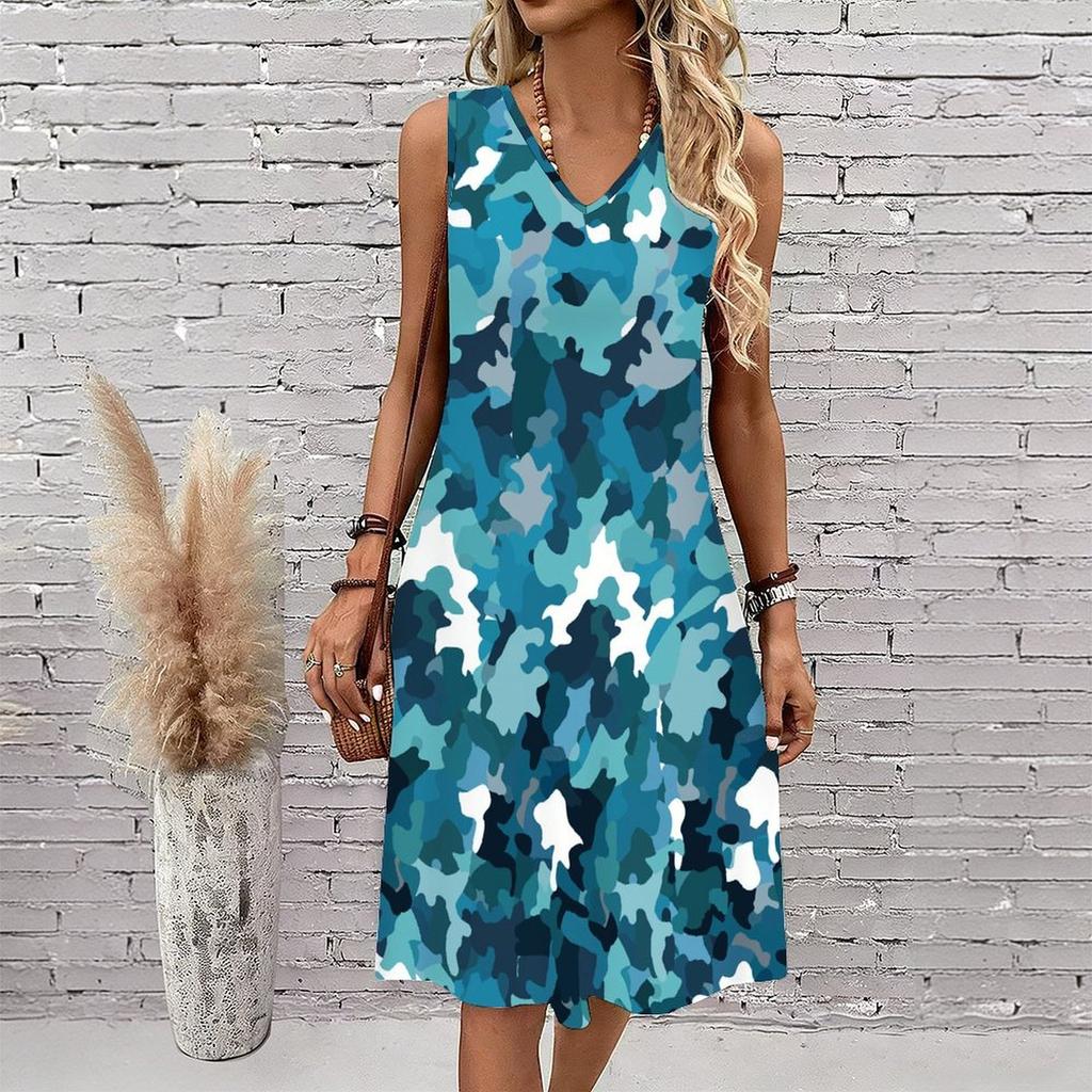 Plus Size V Neck Sleeveless Dress Green Mountain Pine Forest Watercolor Print For Suburban Nature Trip