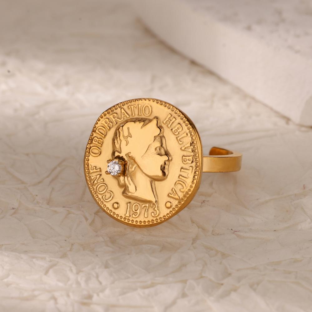 Zirkonia Runde Portraitringe Für Frauen Goldfarbe Edelstahl Damen Portrait Öffnungsring Party Weihnachten Hochzeit Schmuck