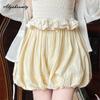 Japanischer Lolita-Stil Sommer Damen Baumwollshorts Hohe Taille Schleife Aushöhlung Hellgelbe Shorts Röcke Niedlich Kawaii Mädchenshorts
