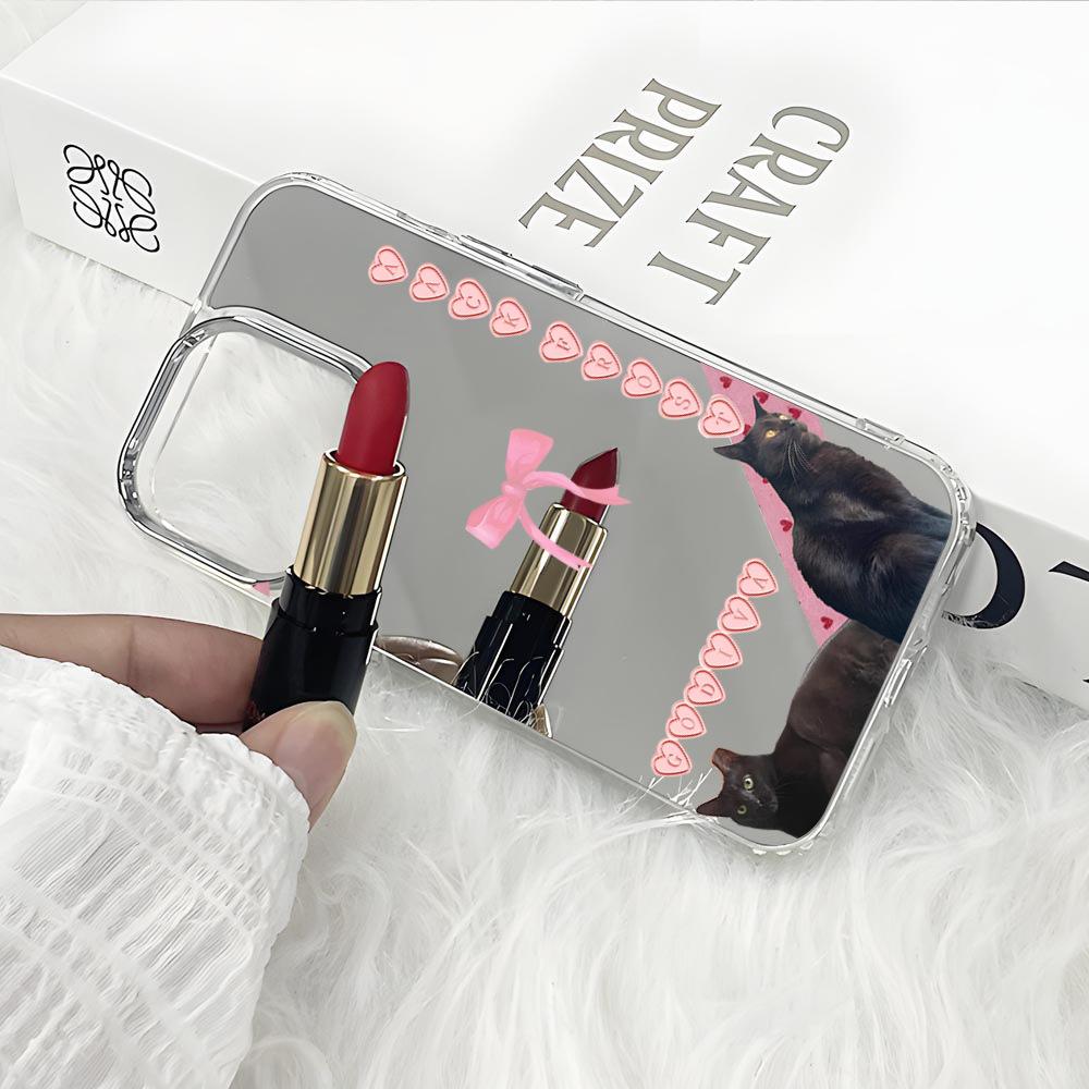 Ins Wind Love Bow Black Cat Suitable for Iphone17 Mirror Mobile Phone Case Apple 16pro Makeup Mirror