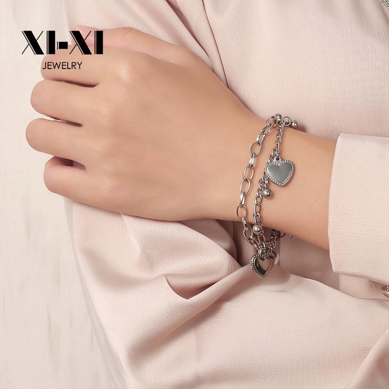 Retro Small Ball & Heart Double Layer Titanium Steel Bracelet for Women - Trendy European & American Hip Hop Style
