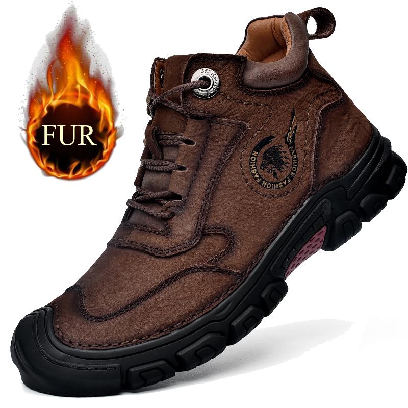 Fashion Winter New Outdoor Wear-resistant Hiking Boots Plush Warm High Shoes Leather Short Boots Thickness Walking Waterproof Snow Boots