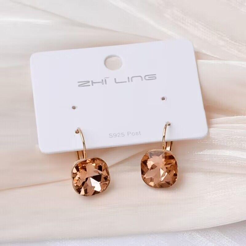 Trendy Square Crystal Drop Earrings for Women Wedding Party Elegant Jewelry Golden Geometry Loop Earrings White Pink Blue
