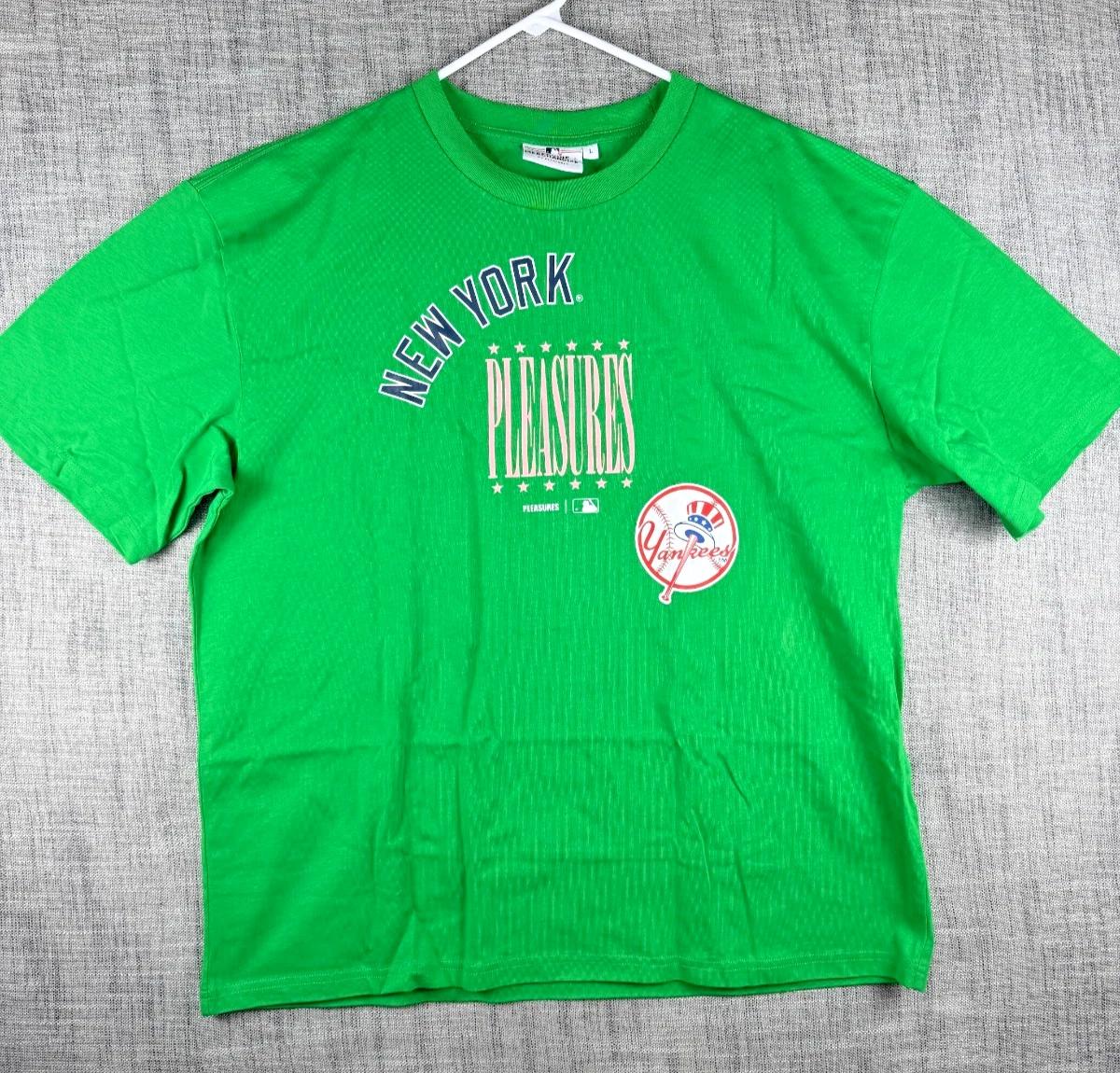 

Size L - PLEASURES x MLB Baseball New York Yankees Logo Graphic 100% Cotton T-shirt Mens Tees Top Green 4XL