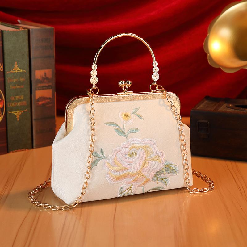 Cămașă Lungă Florală Elegantă Inspirată de Textura Ondulată Geantă de Umăr Crossbody - Design Floral Imprimat, Închidere cu Cataramă, Spălare Manuală, Portofel de Nuntă cu Perle