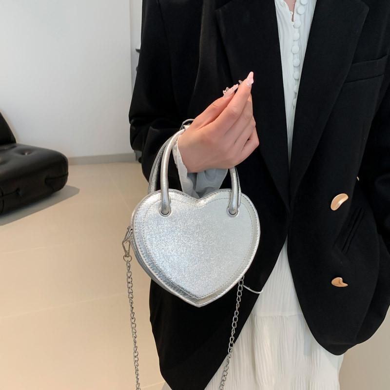 Street Chic Pu Small Square Bag Trendy Heart-shaped Zipper Closure Shoulder Bag Silver