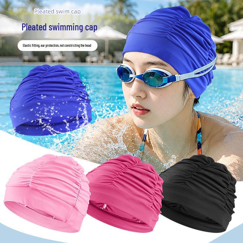 Women's Plus Size Pleated Swimming Cap - Water-Repellent, Elastic, Non-Constricting, Ear Protection for Long Hair. Suitable for Hot Springs. Unisex.