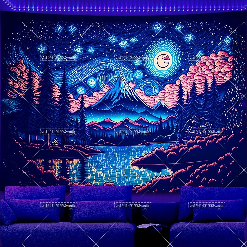 UV Reactive Starry Night Blacklight Tapestry Claude Monet Oil Paintings Fluorescent Tapestrys Glow In The Dark Party Backdrops