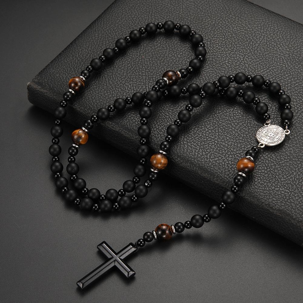 Collana Religiosa da Uomo con Pietra Vulcanica Nera e Occhio di Tigre Giallo Croce