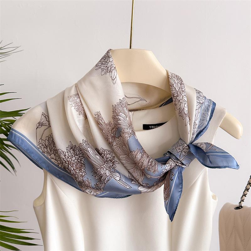 Light luxury satin 71cm small square scarf imitation silk scarf headscarf spring and summer printed neck protection scarf professional scarf scarf sca