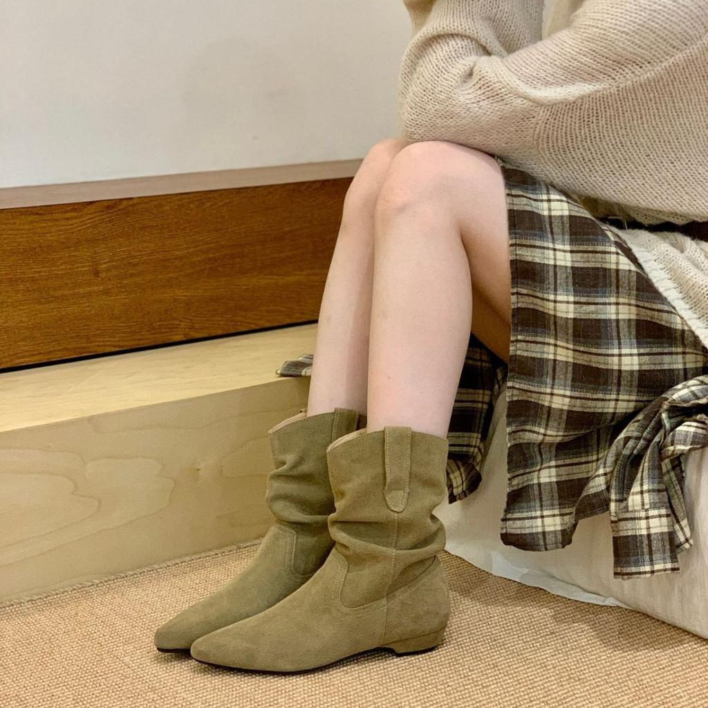 French suede pleated heel medium boots women's 2025 autumn and winter wear retro western medium tube Martin boots