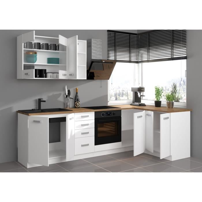 ATLAS Cuisine complète d'angle 8 éléments (reversible droit / gauche) - Décor blanc - L270 cm - Plan de travail non inclus