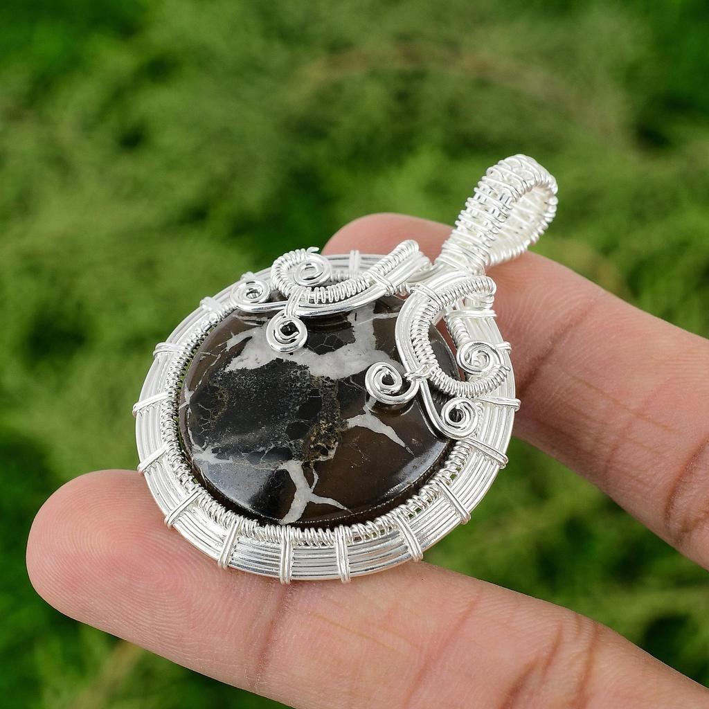 Moroccan Mud Crack Fossil Gemstone Sister Wire Wrap Pendant 925 Sterling Silver