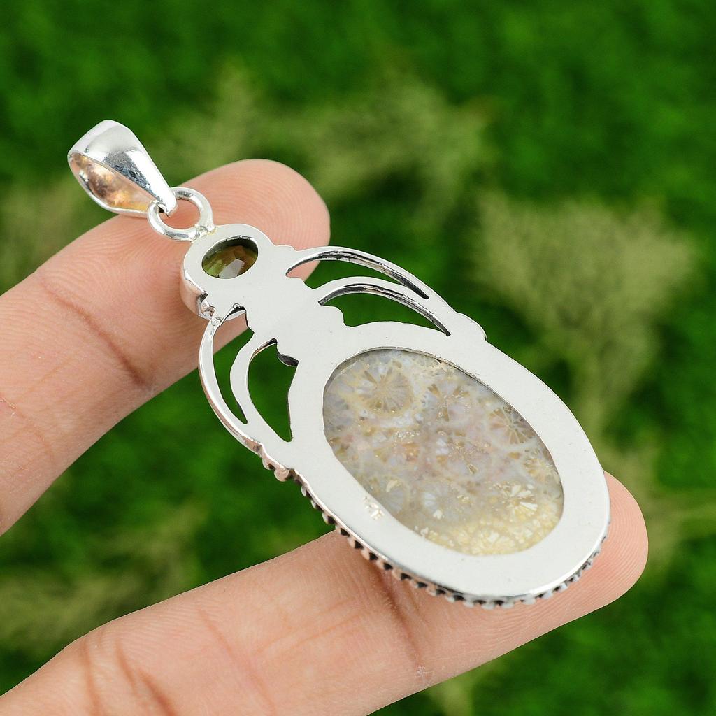 Daughters Day Deal 925 Silver Fossil Coral Stone Peridot Handmade Trendy Pendant