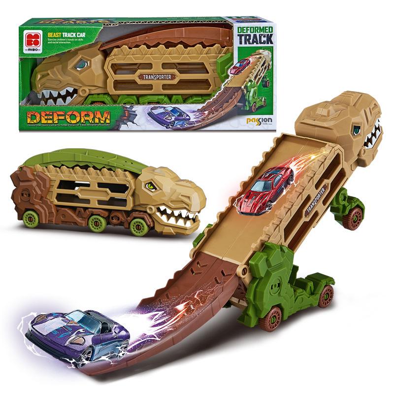Dinosaur Track Car Toy with Folding Storage & Ejector for Kids Aged 0-6