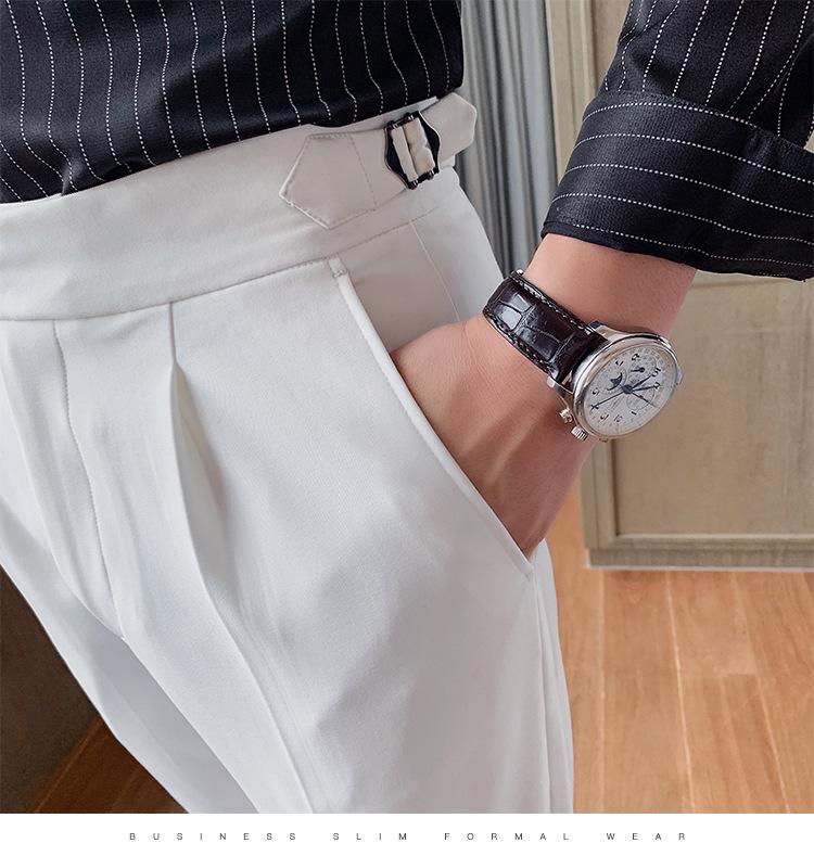 Men's Autumn White Slim Fit Trousers with Unique Waistband–Korean Style