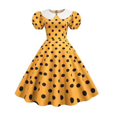 Collo Elegante Donna Vestito Estivo Manica Corta a Palloncino Pois Vintage Vestito Aderente Midi da Festa Vestito Estivo
