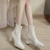 French high-heeled short boots women's 2026 autumn and winter new thick heel square head white elastic thin boots women's velvet