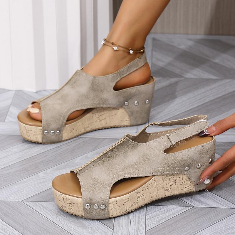 Summer New Rivet Wedge Heel Fish Mouth Sandals Women's Large Size Waterproof Table Hollow High Heel Women's Sandals 43