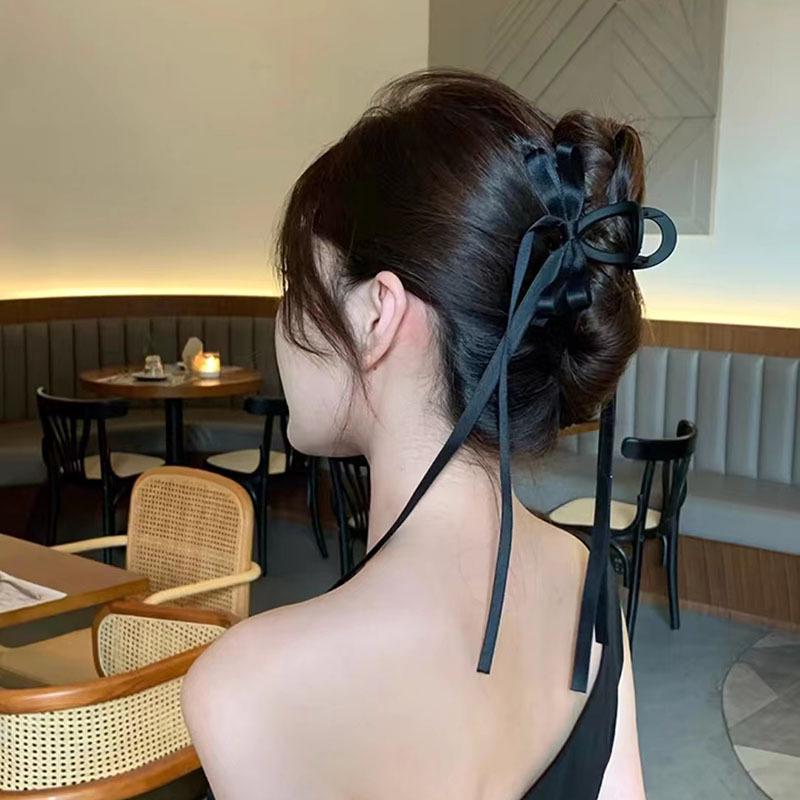 Hepburn Style Black Double-Sided Bow Hair Clip for Women - Large High-End Shark Clip for Back of Head