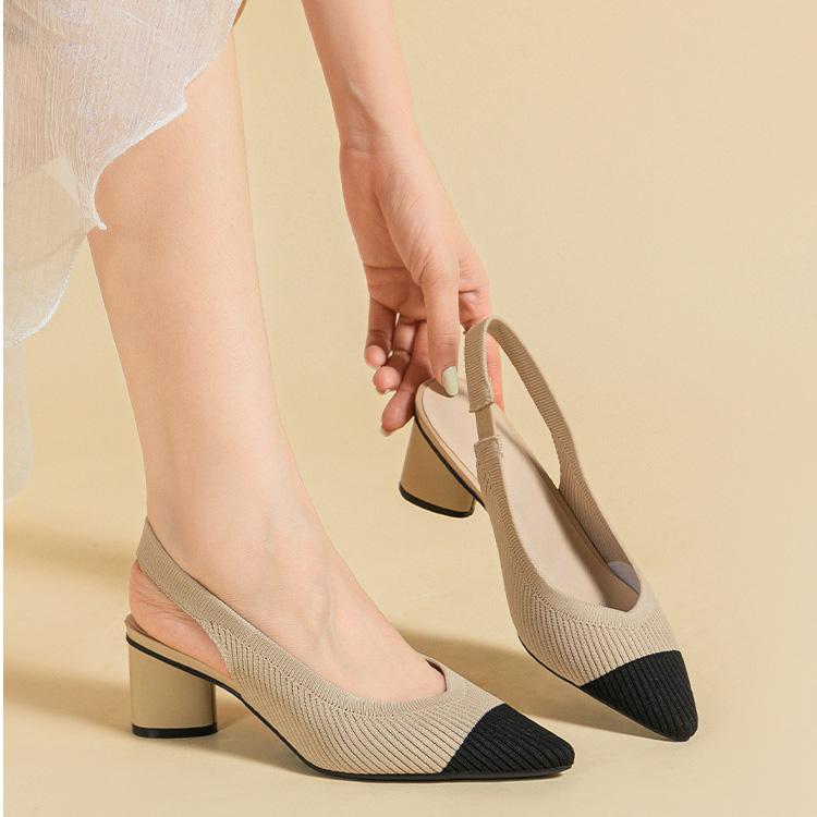 Women's Large Size Spring Sharp Pointed Toe Thick High Heel Single Shoes Casual Shallow Mouth Hollow Solid Color Buckle Knitted Sandals Shoes 34-43