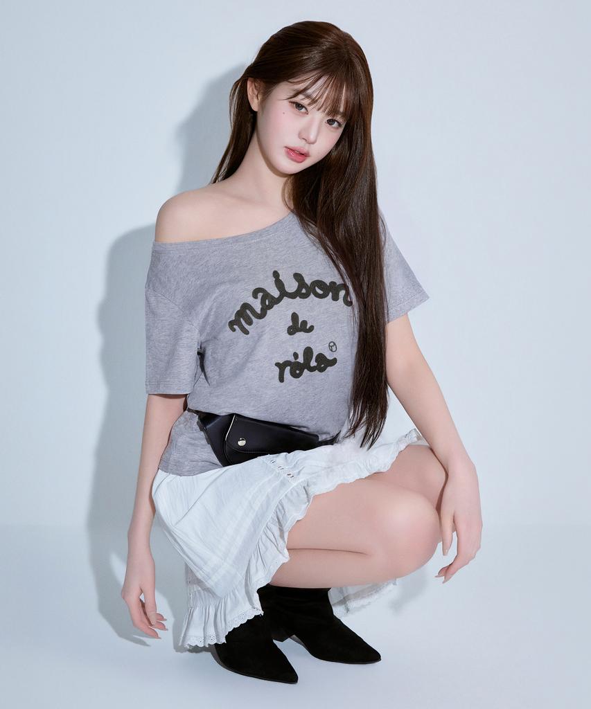 ROLAROLA Maison De Rola Embroidery Off Shoulder T-Shirt Gray