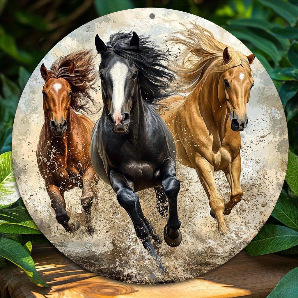 D Flat High Definition Metal Wall Art Three Running Horses Galloping Through Water Brown Black Tan Horse Metal Sign Featuring E 20x20cm(8x8inch)