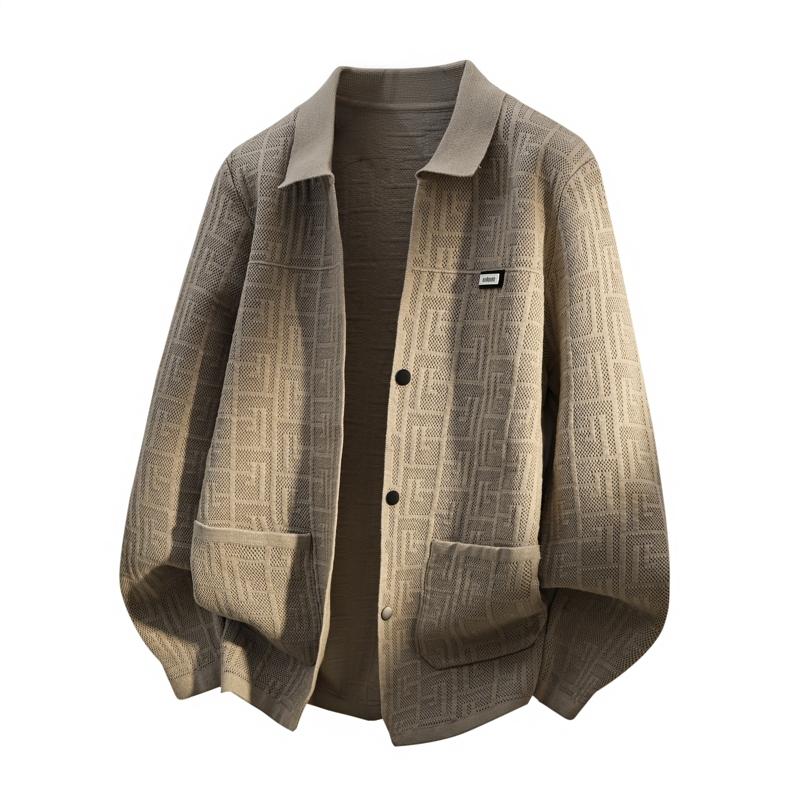 Męski sweter kardigan jesienno-zimowy luźny z geometrycznym wzorem i kontrastowymi kolorami modny casualowy top