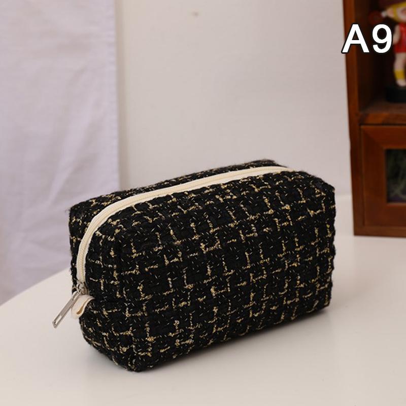 Black Canvas Plaid Travel Cosmetic Lipstick Storage Bag Cute Girls Makeup Handbags Organizer Stationery Pencil Cases Pouch Bag