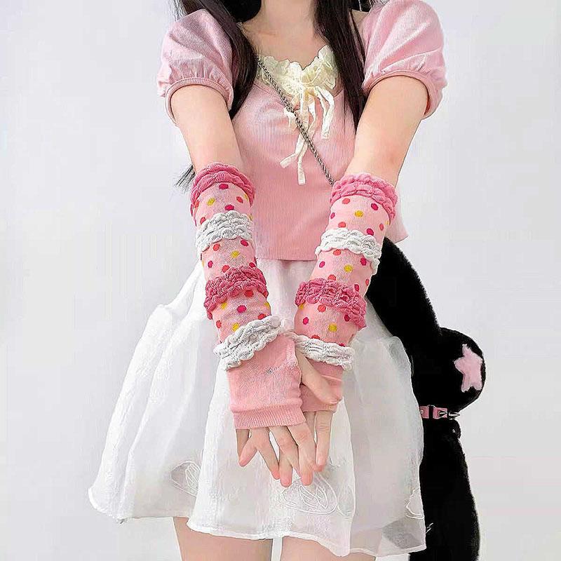 

Y2K Girls Sweet Pink Dot Knitted Arm Sleeves Jk Lolita Kawaii Sunscreen Women Hip Hop Long Hand Gloves Elastic Fingerless Gloves One Size