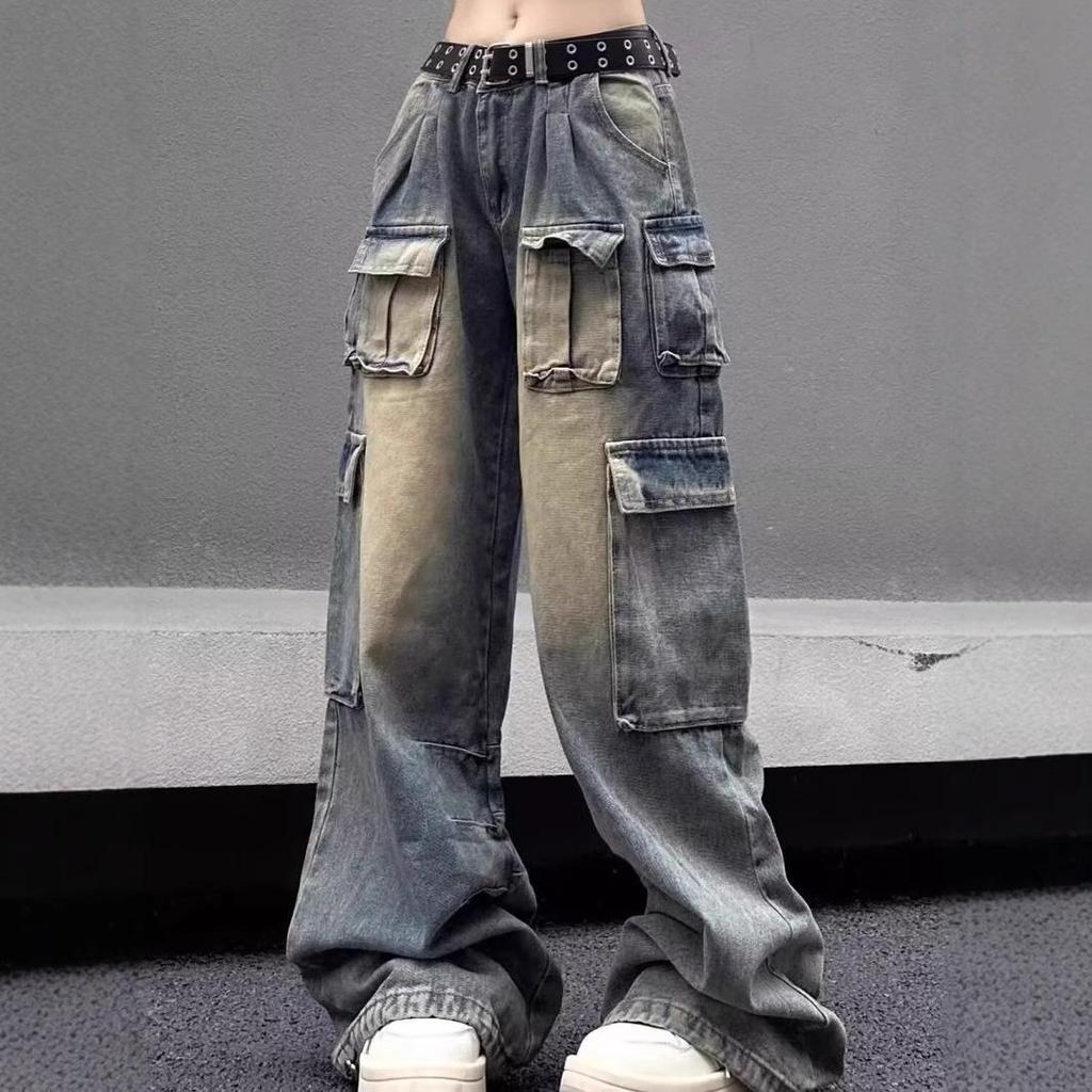 Trendy American Street Style High-Waisted Wide-Leg Cargo Jeans for Women