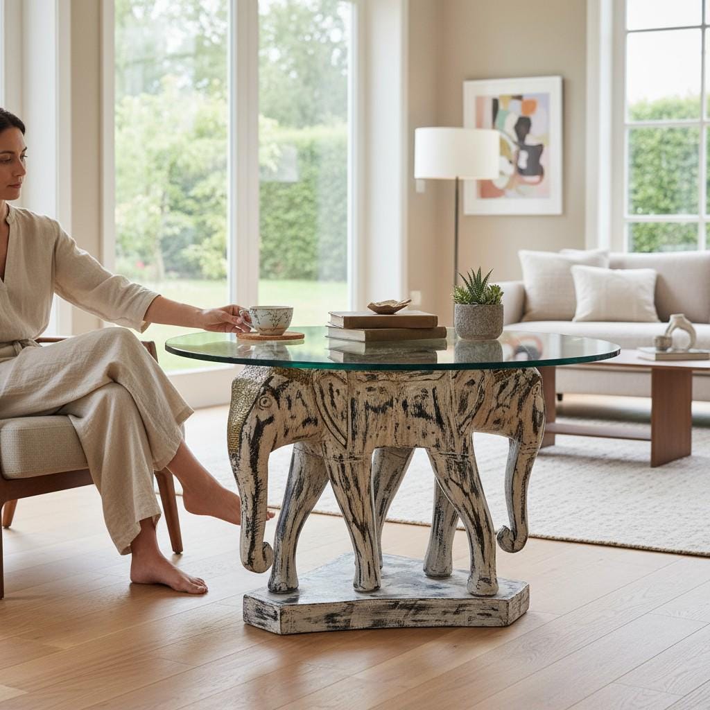 Wood Elephant Side Table-Distressed Wood Elephant Base with Glass Top-Decorative Coffee Table-Home Decor Style Bedside Table for Furniture