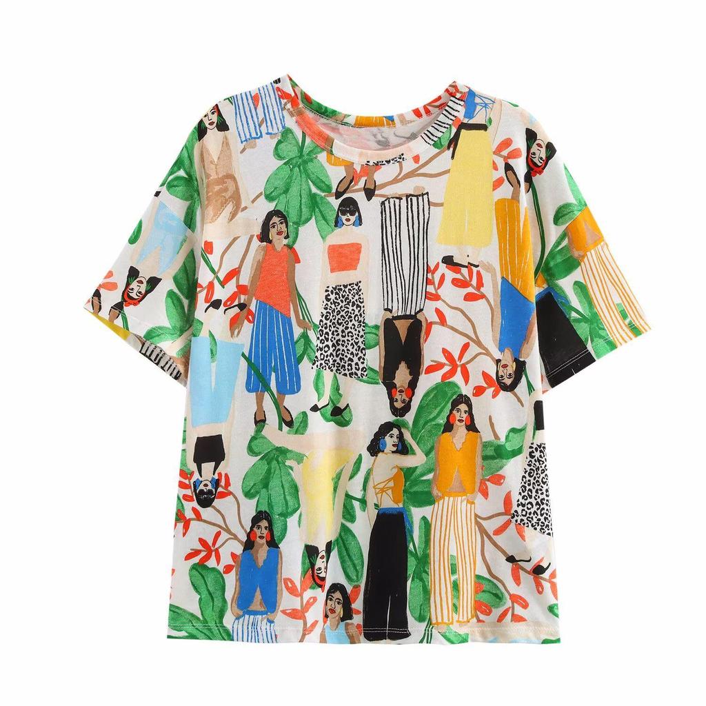 Spring 2025 Women's European & American Style Crew Neck Short Sleeve Print T-Shirt