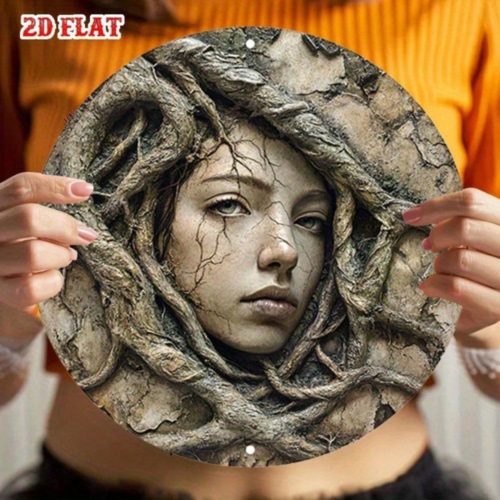 Retro Round Metal Tin Sign 7.8 Inch Stone Face Wall Art Nature Roots Design Frameless Home Decor