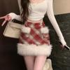 Christmas Outfit Fur Patchwork Red Plaid Woolen Skirt Women's Early Spring Petite High Waist Hip Short Skirt