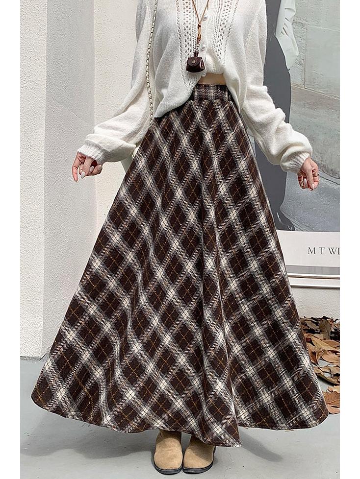 Thickened Warm Wool Retro Plaid Umbrella Skirt - 2025 Autumn/Winter Collection
