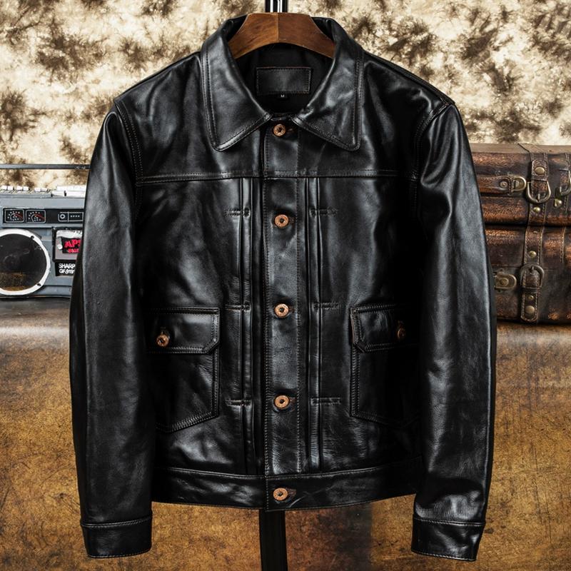 Genuine Horsehide Leather Jacket for Men Short Slim Fit Waxed Tea Core Vintage Biker Jacket Stand Collar