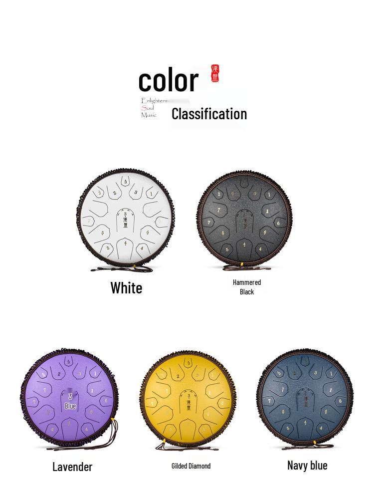 15-Note D Key Handpan Steel Tongue Drum, 14-inch, with Colorful Empty Sanskrit Design