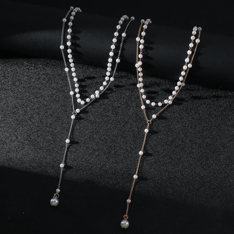 Chic European & American Y-Shape Faux Pearl Tassel Double Layer Necklace - Light Luxury Statement Piece