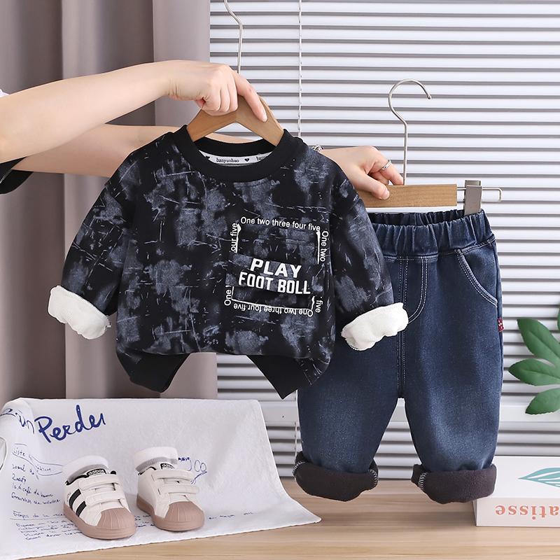 Boys' long sleeved 2-piece set, 0-5 years old Children's English printed fleece hoodie+denim pants