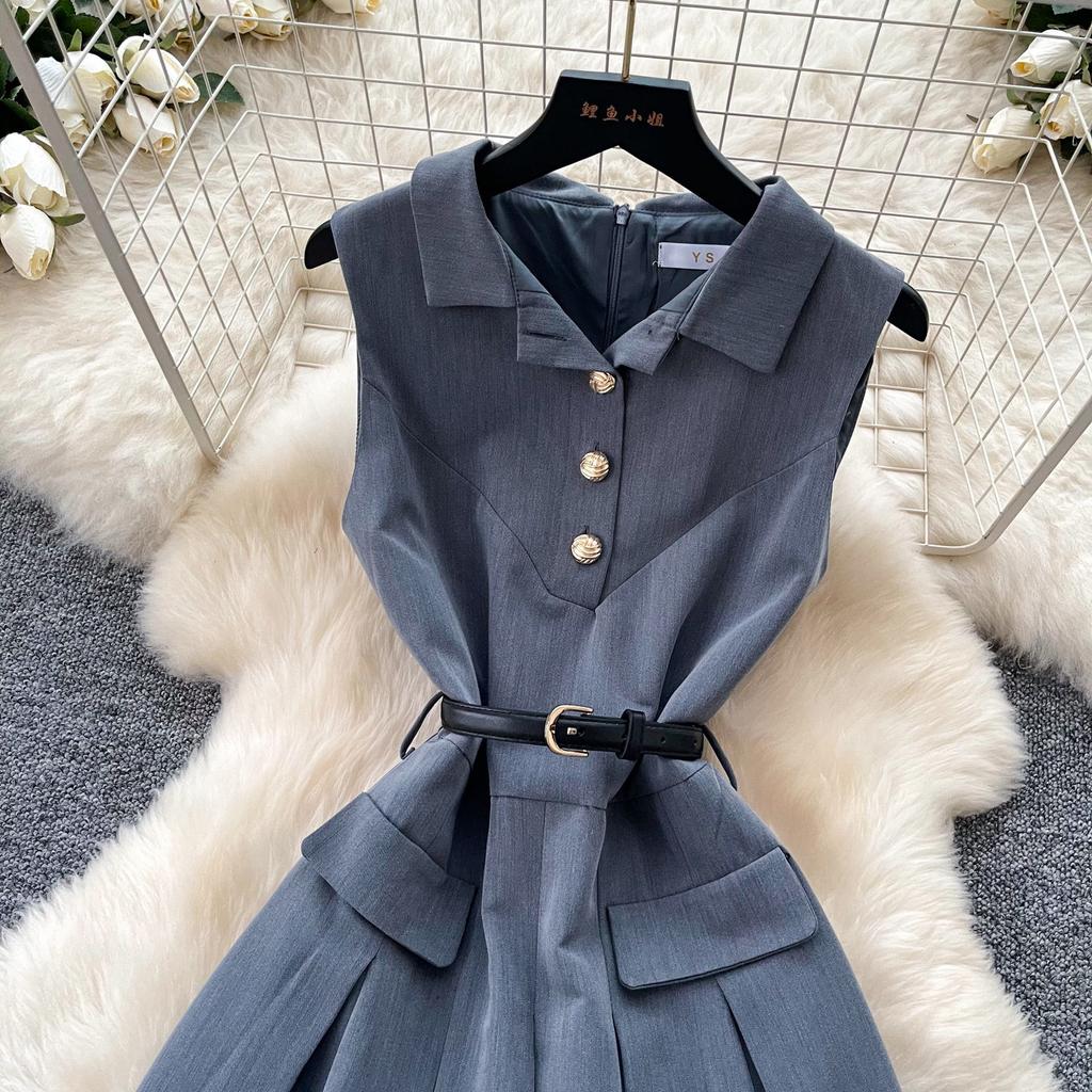 Salt wear commuter sleeveless lapel dress women's summer waist thin pleated skirt elegant temperament slim dress