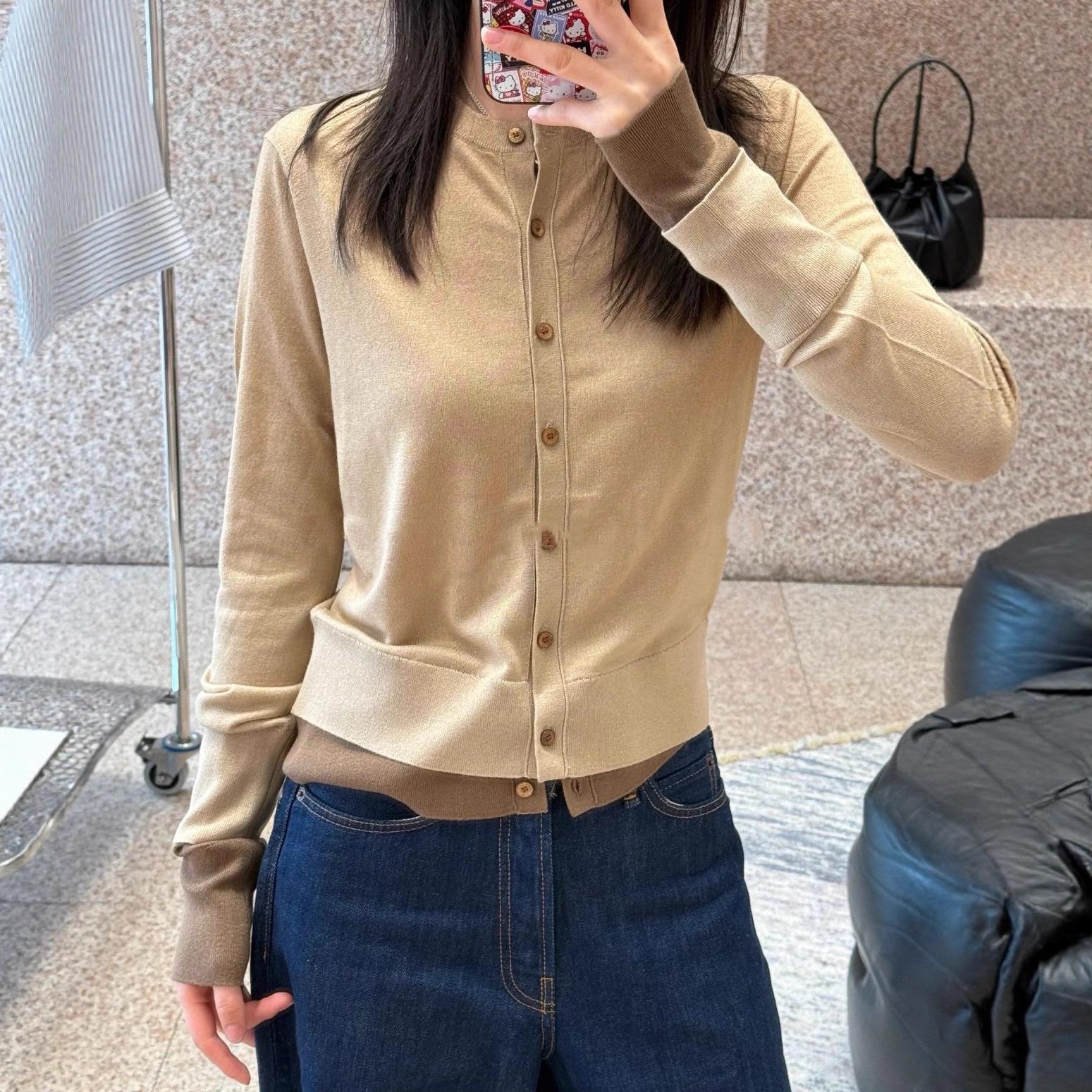 

Irregular Soft Pure Silk Double Ribbed Round Neck Cardigan Knitwear Slim Fit Long Sleeve XS хакі