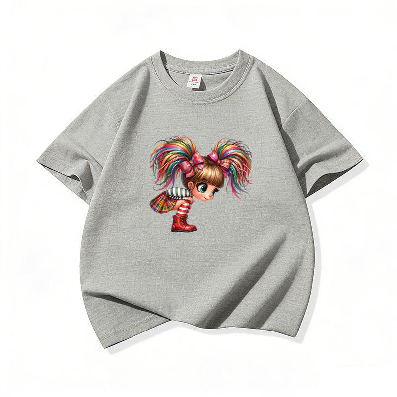 Kids Cotton T Shirt Rainbow Hair Girl Wear Plaid Skirt Print Crew Neck Short Sleeve Tee Casual Boys Girls Summer Tops