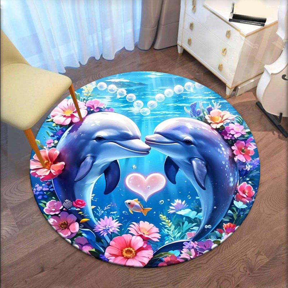 Underwater Love: Dolphin Heart Frame with FlowersRound Non-Slip chair mat chair carpet for office Rugs for Office Decor Gift For Valentine's Day Mothe